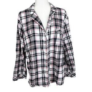Victoria's Secret Pajama Top Women XL Black Pink Plaid Button Up Long Sleeve